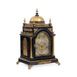A LATE VICTORIAN GILT BRONZE MOUNTED EBONISED QUARTER-CHIMING BRACKET CLOCK OF SMALL SIZE