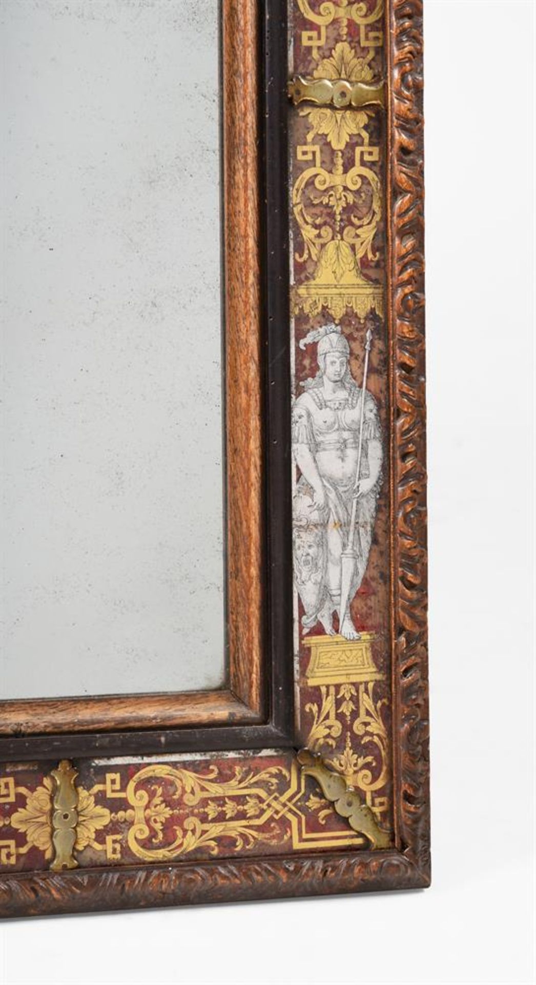 A RARE WILLIAM III CARVED OAK AND VERRE EGLOMISE MIRROR. IN THE MANNER OF THOMAS AND RENE PELLETIER - Image 3 of 5