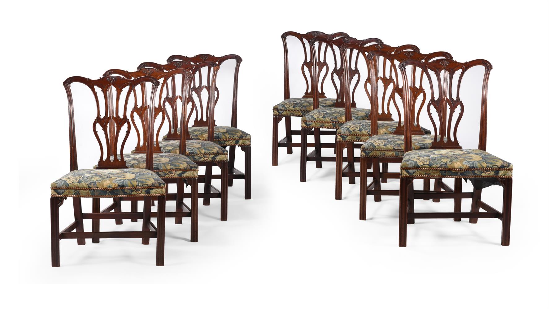 A SET OF NINE GEORGE III MAHOGANY DINING CHAIRS, IN THE MANNER OF THOMAS CHIPPENDALE, CIRCA 1770