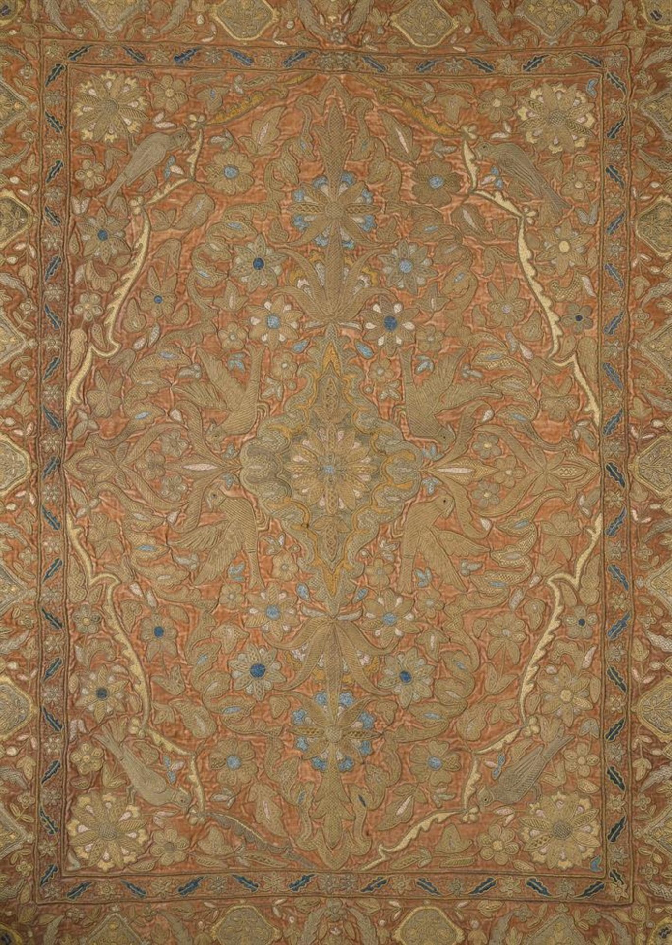 AN INDIAN FLORAL AND PARROT WOVEN TABLE COVER, 19TH CENTURY - Image 3 of 3