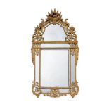 A REGENCÉ CARVED GILTWOOD MIRROR, INSCRIBED 'E. Caris, Faugeais, Chab', DATED 1719 TO REVERSE