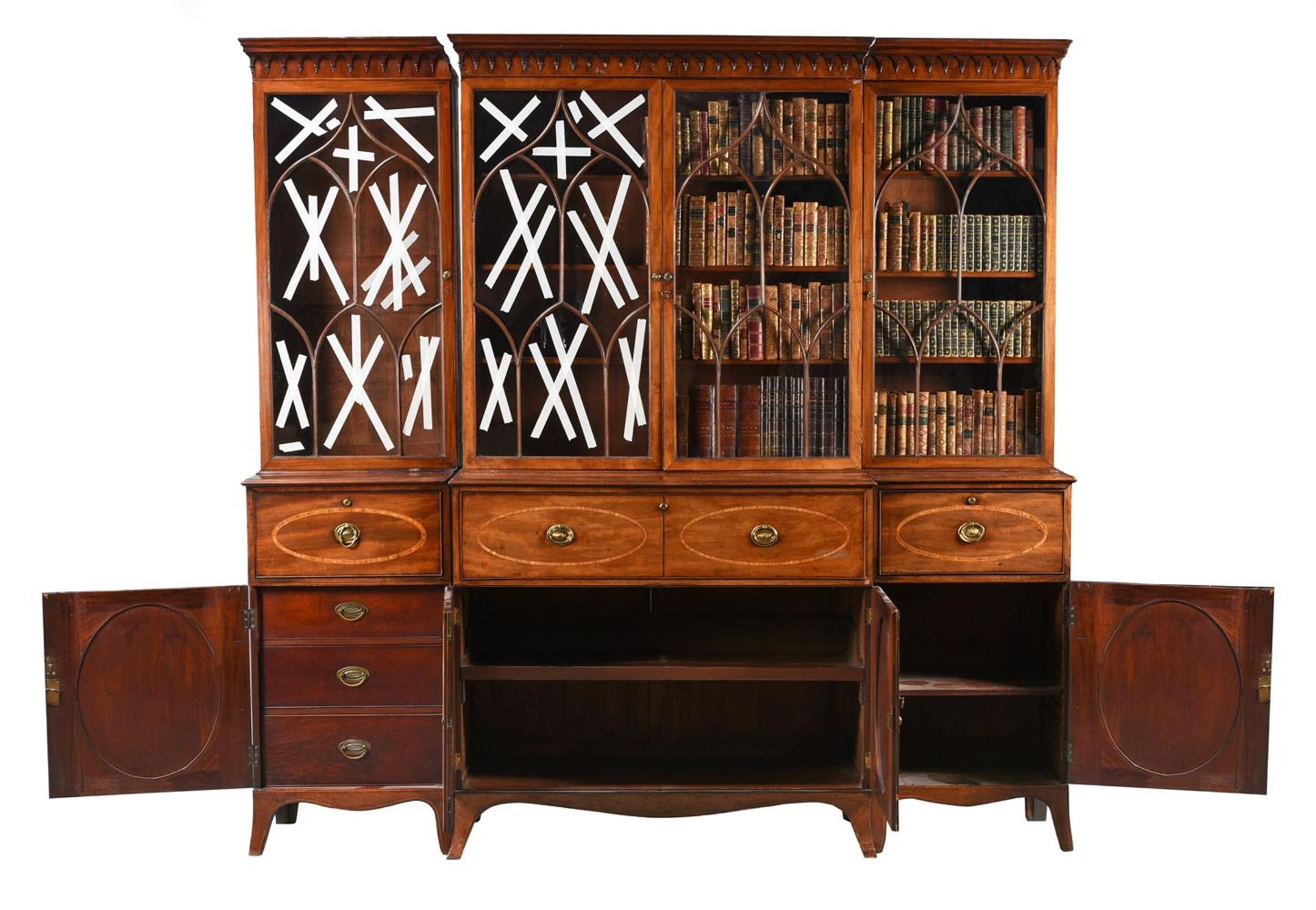 Y A GEORGE III MAHOGANY AND SATINWOOD INLAID BREAKFRONT SECRETAIRE BOOKCASE, CIRCA 1790 - Image 4 of 4