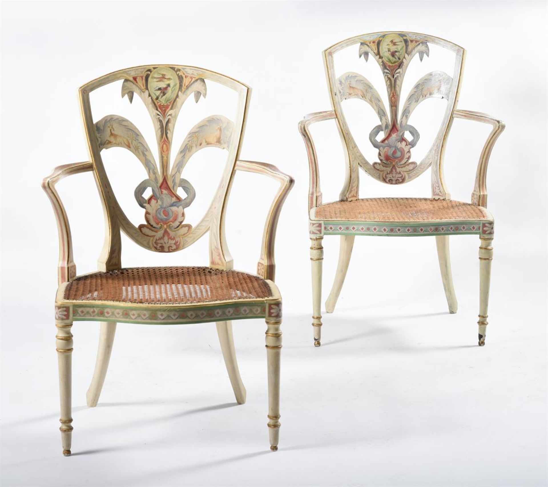 A MATCHED PAIR OF BEECH AND POLYCHROME PAINTED ELBOW CHAIRS, ONE CIRCA 1780 AND LATER REFRESHED - Bild 2 aus 5