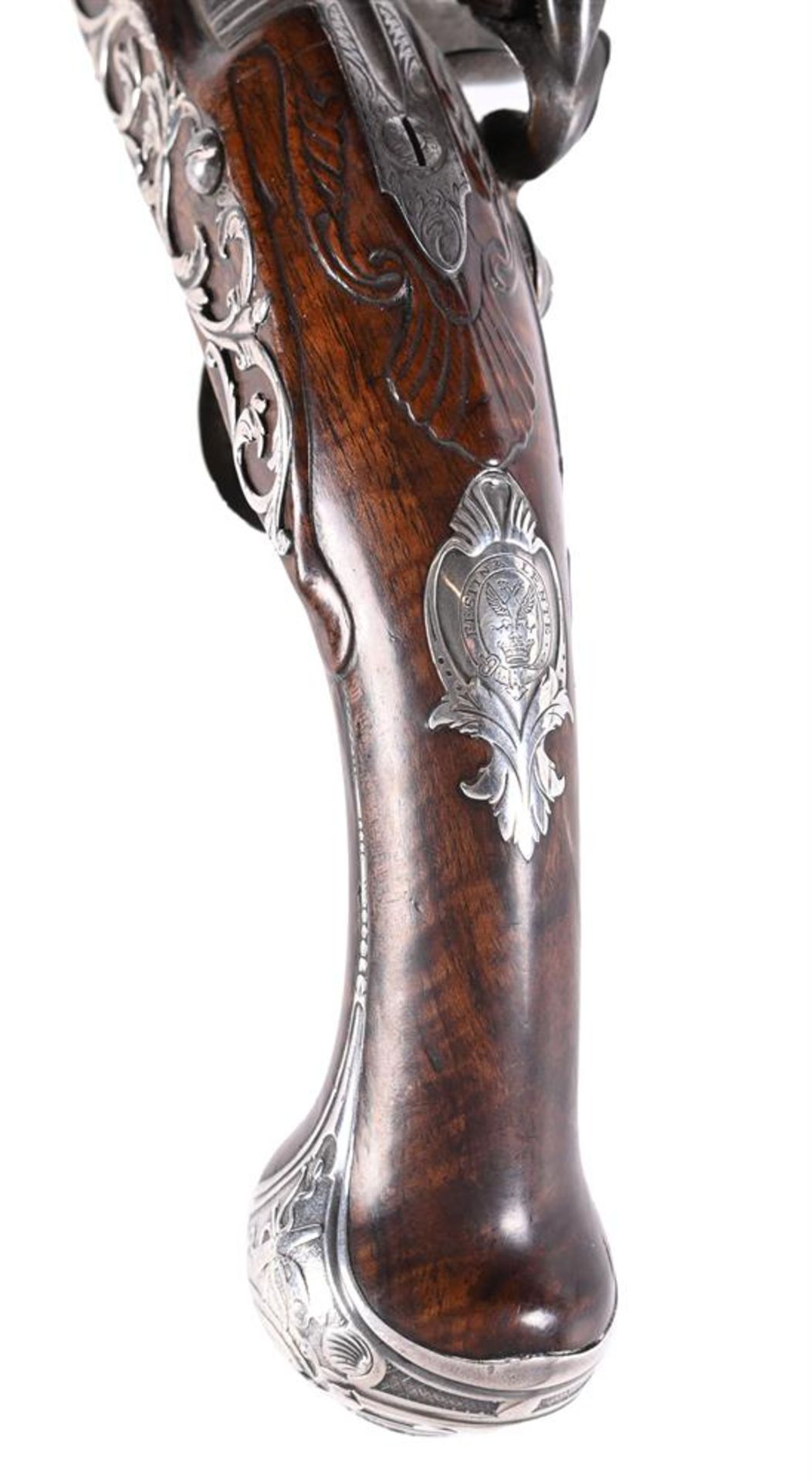 BENNETT LONDON; A PAIR OF WALNUT AND SILVER-METAL MOUNTED HOLSTER PISTOLS - Image 7 of 8