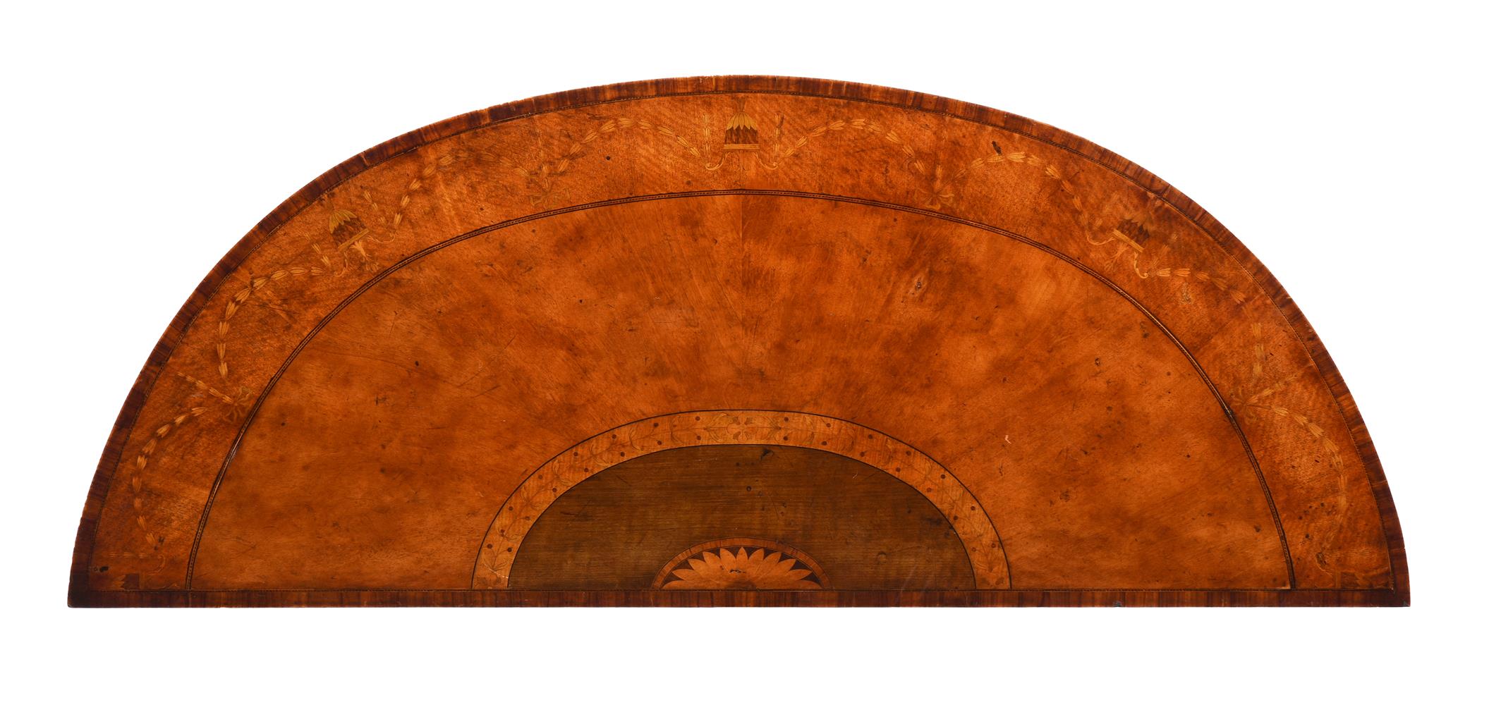 A PAIR OF SATINWOOD AND SPECIMEN MARQUETRY SEMI ELLIPTICAL SIDE TABLES, IN GEORGE III STYLE - Image 3 of 4