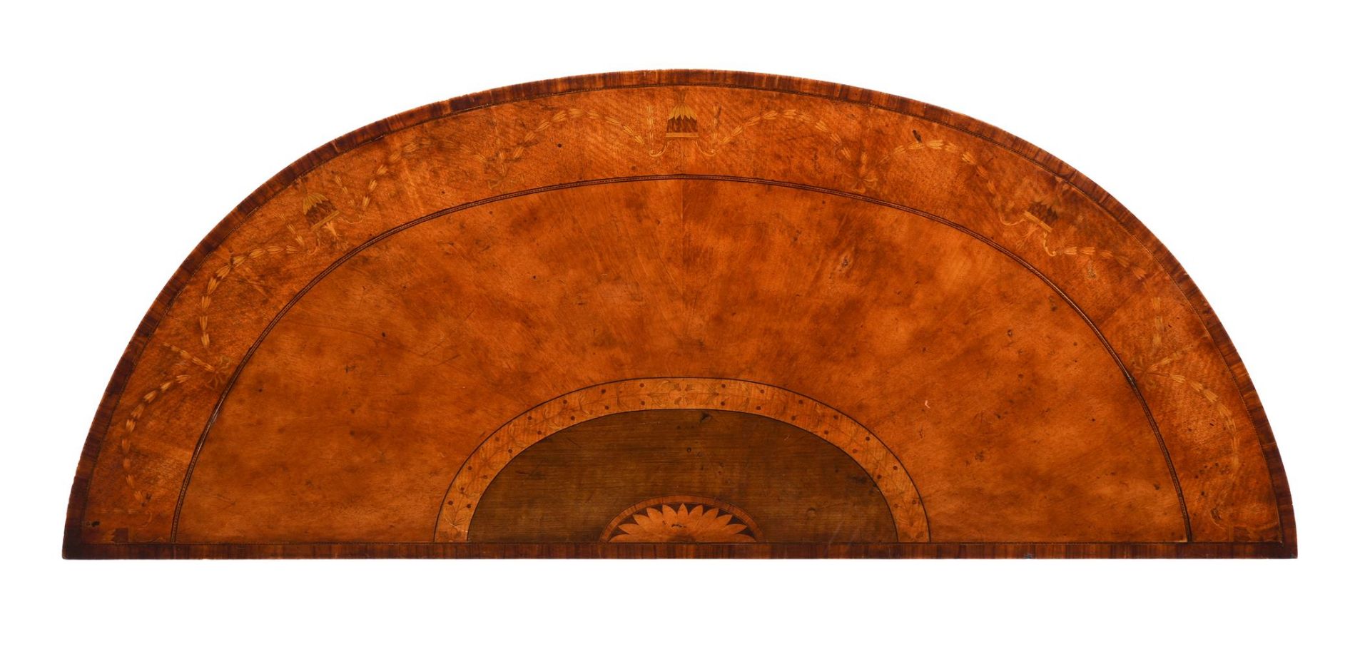 A PAIR OF SATINWOOD AND SPECIMEN MARQUETRY SEMI ELLIPTICAL SIDE TABLES, IN GEORGE III STYLE - Image 3 of 4