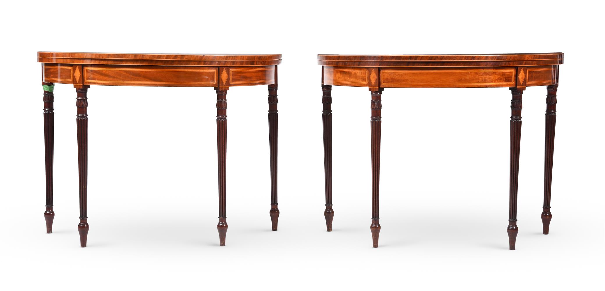 Y A PAIR OF GEORGE III MAHOGANY AND SATINWOOD CROSSBANDED DEMI-LUNE CARD TABLES, CIRCA 1800