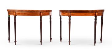 Y A PAIR OF GEORGE III MAHOGANY AND SATINWOOD CROSSBANDED DEMI-LUNE CARD TABLES, CIRCA 1800
