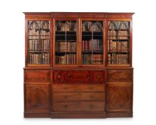 Y A MAHOGANY BREAKFRONT SECRETAIRE BOOKCASE, IN GEORGE III STYLE, LATE 18TH CENTURY AND LATER