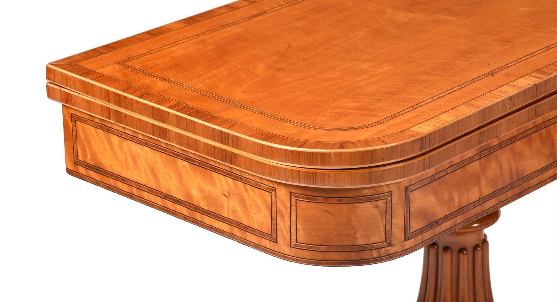 Y A PAIR OF GEORGE IV SATINWOOD, TULIPWOOD CROSSBANDED AND LINE INLAID FOLDING CARD TABLES, CIRCA 18 - Image 4 of 5