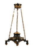 A FRENCH PATINATED AND GILT BRONZE THREE LIGHT CHANDELIER,19TH/EARLY 20TH CENTURY