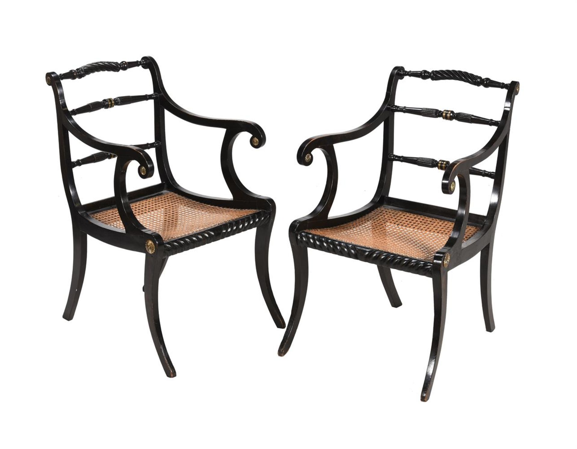 A PAIR OF REGENCY EBONISED AND BRASS INLAID ARMCHAIRS, EARLY 19TH CENTURY - Bild 2 aus 5