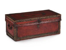 A CHINESE EXPORT RED LEATHER, BRASS BOUND AND STUDDED TRUNK, 19TH CENTURY