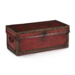 A CHINESE EXPORT RED LEATHER, BRASS BOUND AND STUDDED TRUNK, 19TH CENTURY