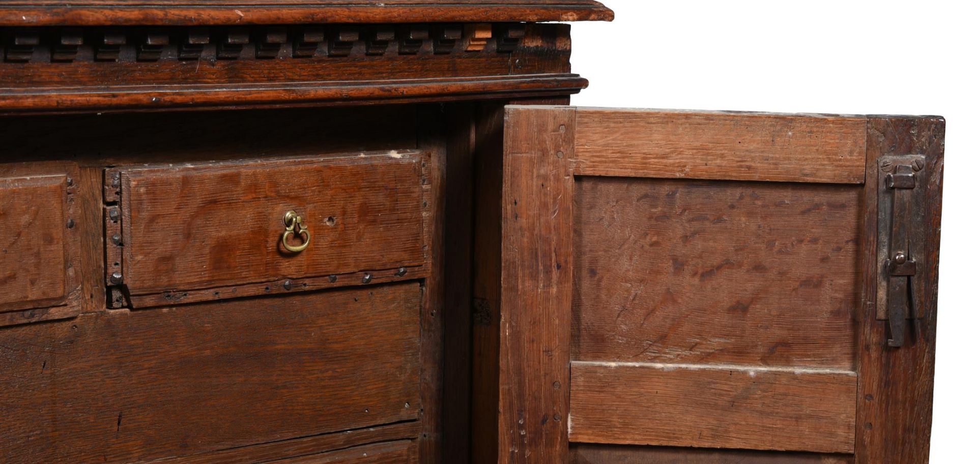 AN UNUSUAL COMMONWEALTH OAK ENCLOSED CHEST OF DRAWERS, CIRCA 1650 AND LATER - Image 4 of 4