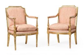 A PAIR OF GEORGE III GILTWOOD AND UPHOLSTERED OPEN ARMCHAIRS, LATE 18TH CENTURY
