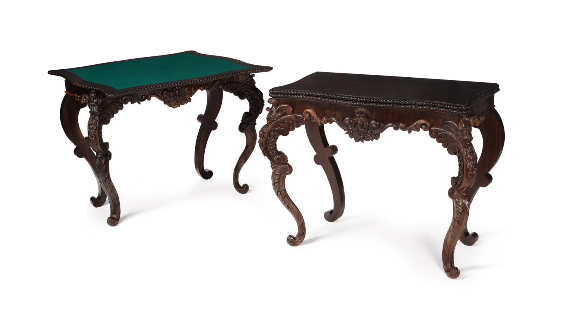 Y A PAIR OF PORTUGUESE CARVED ROSEWOOD FOLDING CARD TABLES, 19TH CENTURY - Bild 3 aus 8