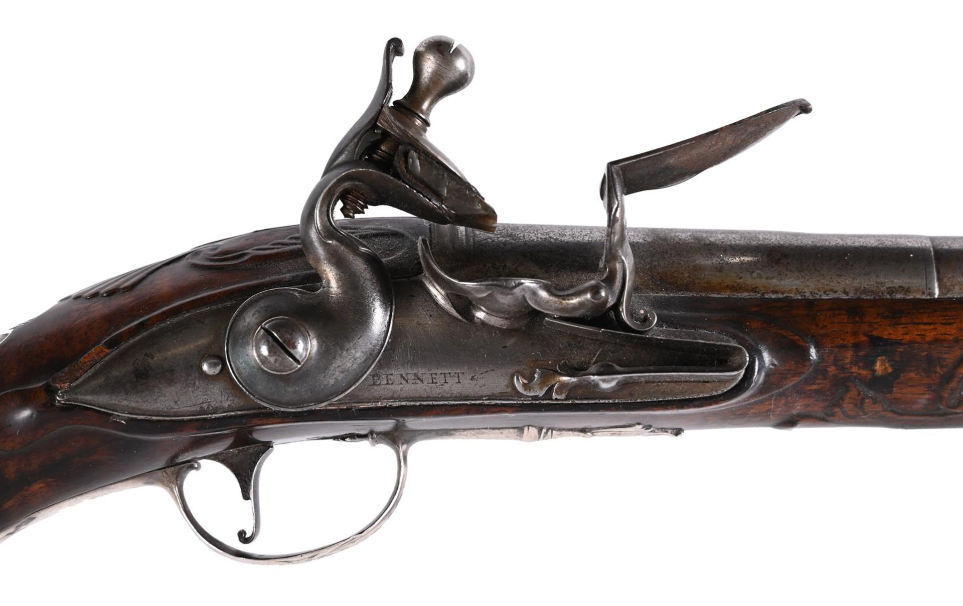 BENNETT LONDON; A PAIR OF WALNUT AND SILVER-METAL MOUNTED HOLSTER PISTOLS - Image 2 of 8