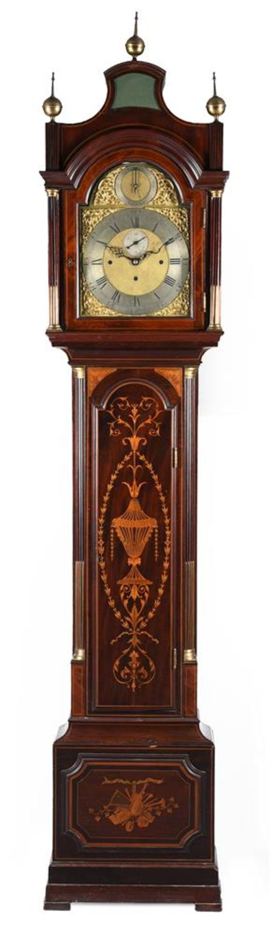 A LATE VICTORIAN INLAID MAHOGANY QUARTER-CHIMING EIGHT-DAY LONGCASE CLOCK