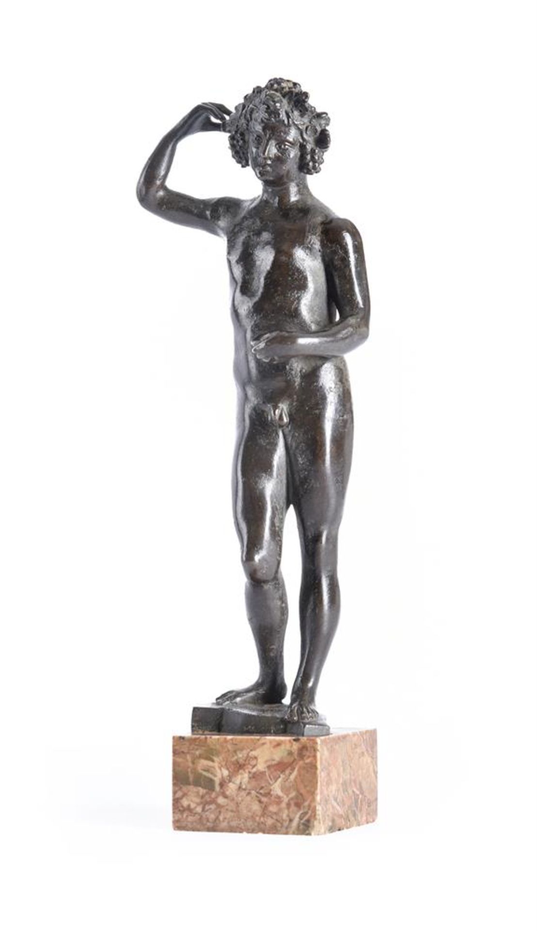 A BRONZE ANDIRON FIGURE OF BACCHUS, 17TH CENTURY, VENETIAN