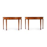 A PAIR OF SATINWOOD AND SPECIMEN MARQUETRY SEMI ELLIPTICAL SIDE TABLES, IN GEORGE III STYLE