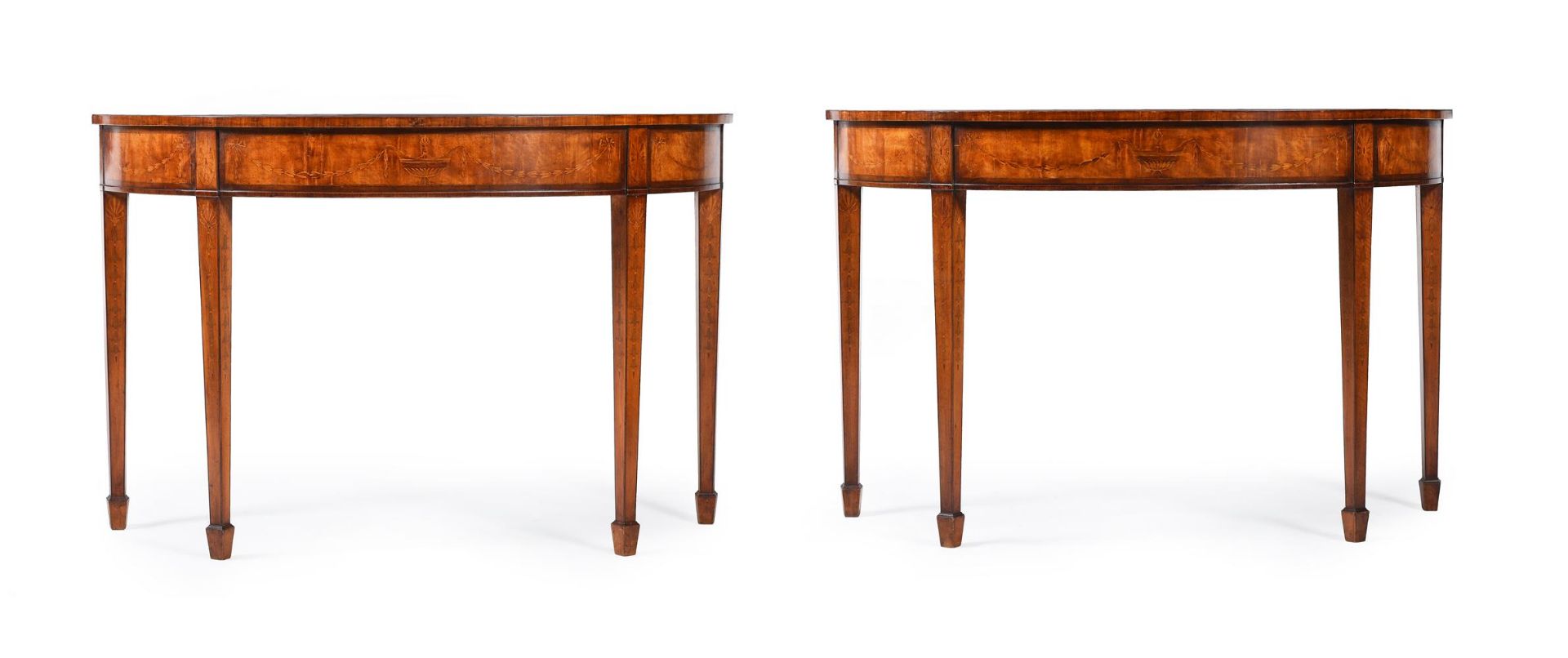 A PAIR OF SATINWOOD AND SPECIMEN MARQUETRY SEMI ELLIPTICAL SIDE TABLES, IN GEORGE III STYLE