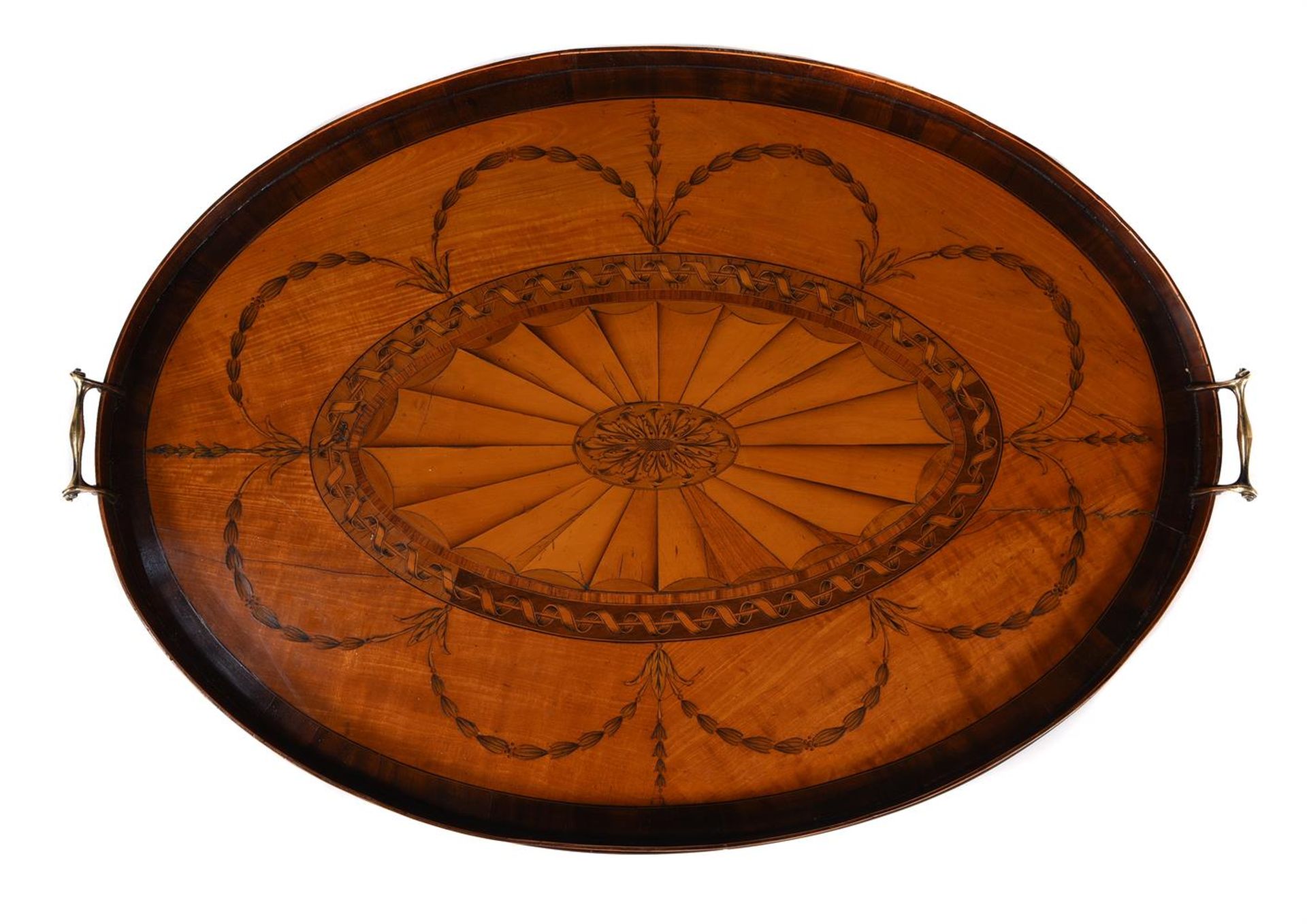 A GEORGE III SATINWOOD AND MARQUETRY INLAID OVAL TRAY, ATTRIBUTED TO GILLOWS, CIRCA 1780