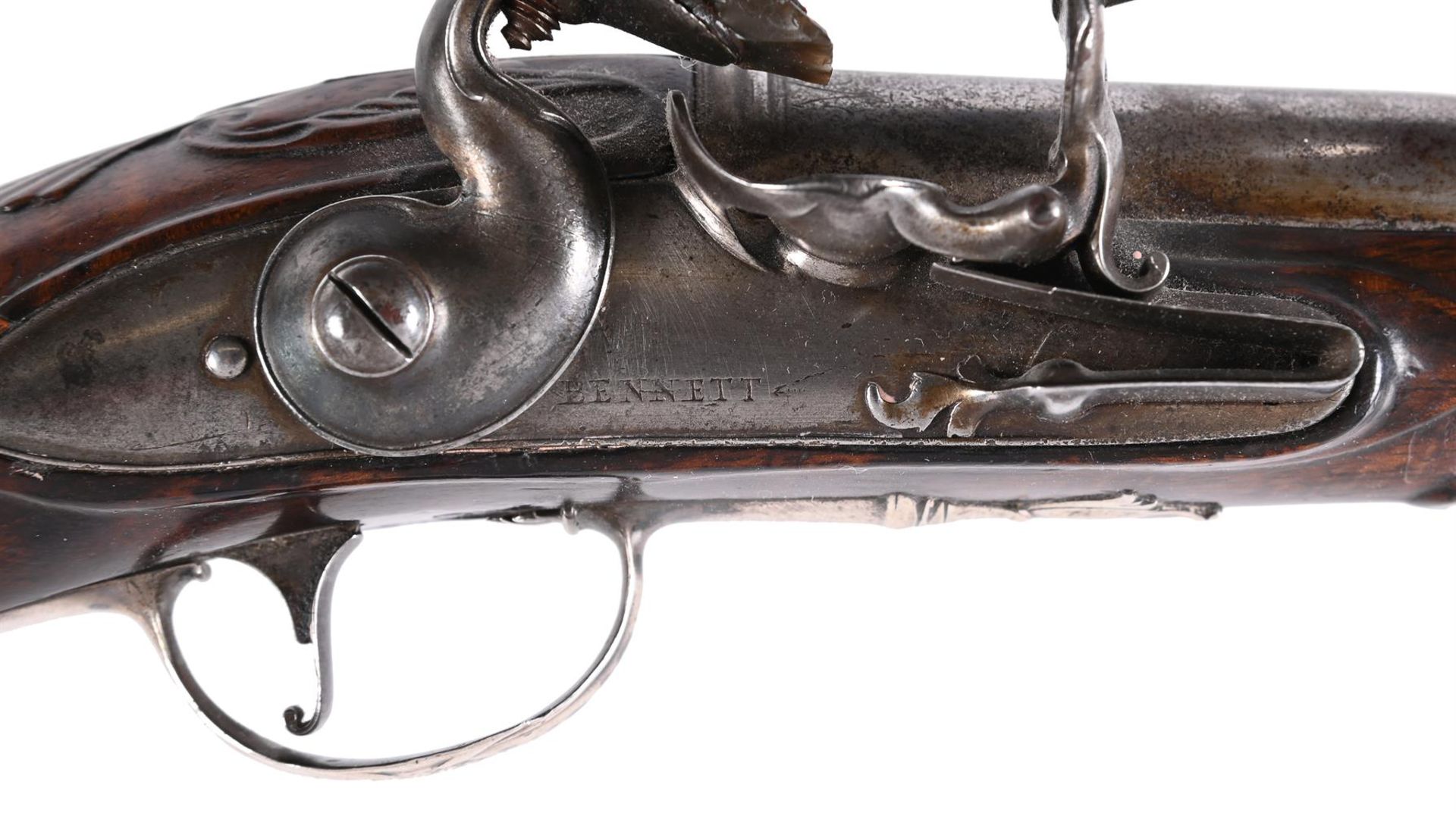 BENNETT LONDON; A PAIR OF WALNUT AND SILVER-METAL MOUNTED HOLSTER PISTOLS - Image 3 of 8