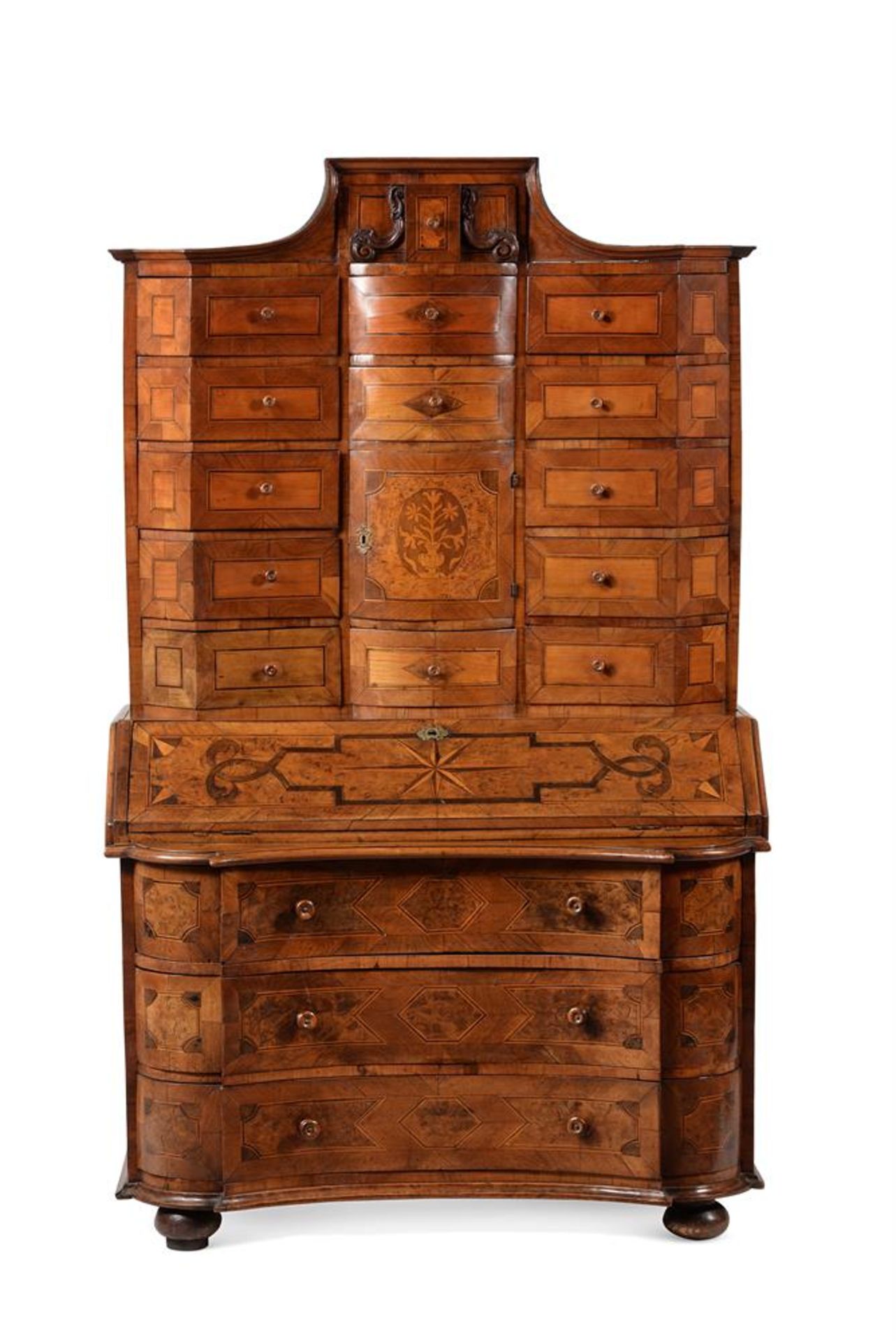 A SOUTH GERMAN WALNUT, FIGURED WALNUT AND INLAID BUREAU CABINET, MID 18TH CENTURY