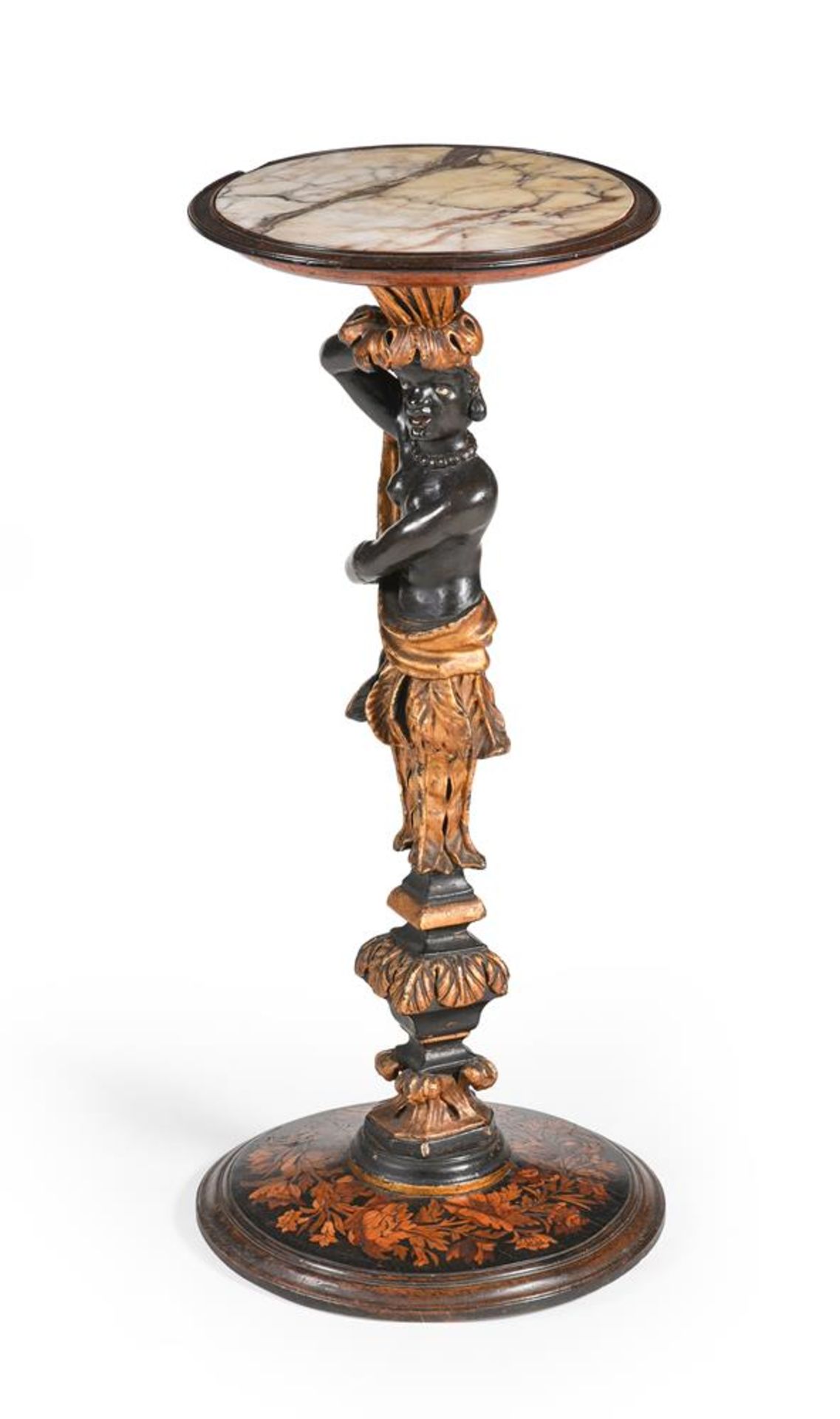 A CONTINENTAL GILTWOOD, EBONISED AND MARQUETRY 'BLACKAMOOR' MARBLE TOP STAND, LATE 17TH/18TH CENTURY