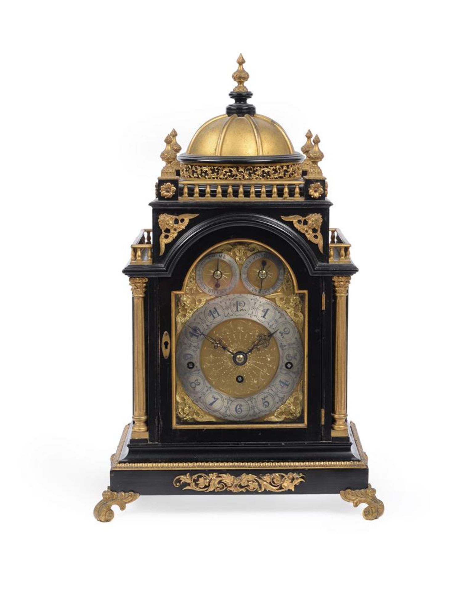 A LATE VICTORIAN GILT BRONZE MOUNTED EBONISED QUARTER-CHIMING BRACKET CLOCK OF SMALL SIZE - Image 2 of 3