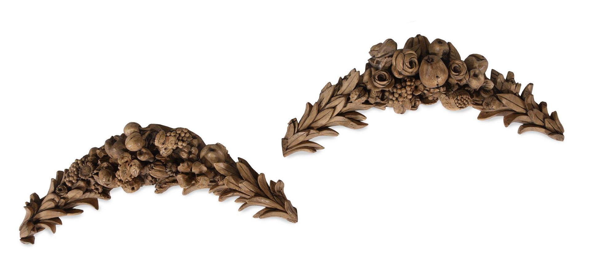 A PAIR OF CARVED WOOD FRUIT AND FLORAL SWAGS, 19TH CENTURY, IN THE EARLY 18TH CENTURY GIBBONS MANNER