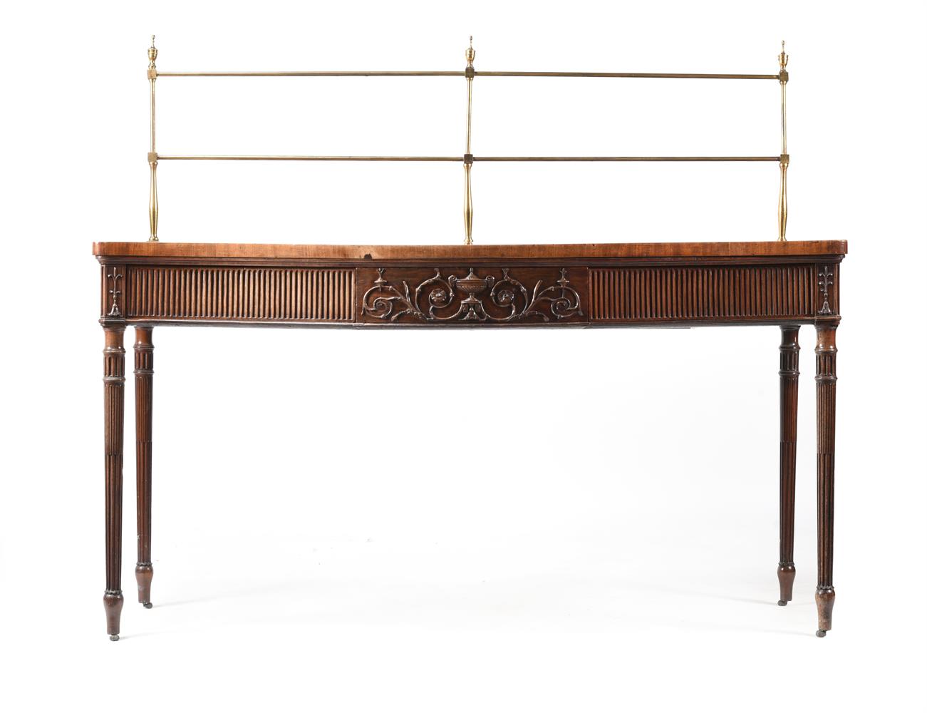 A FINE GEORGE III MAHOGANY SERPENTINE FRONTED SERVING TABLE, AFTER DESIGNS BY LINNELL OR ADAM