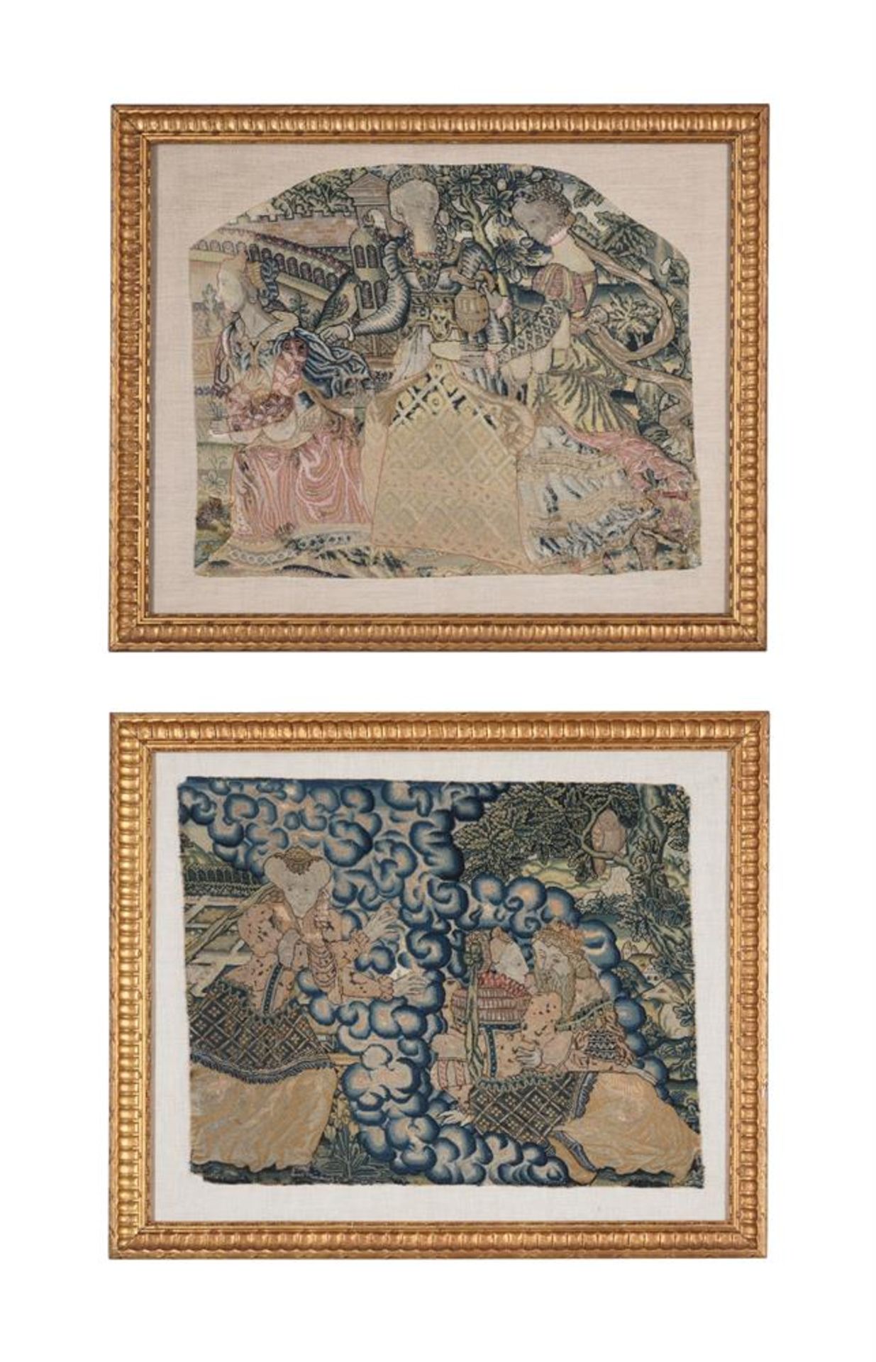 TWO FRAMED COURTLY SCENE NEEDLEWORKS, LATE 16TH/EARLY 17TH CENTURY