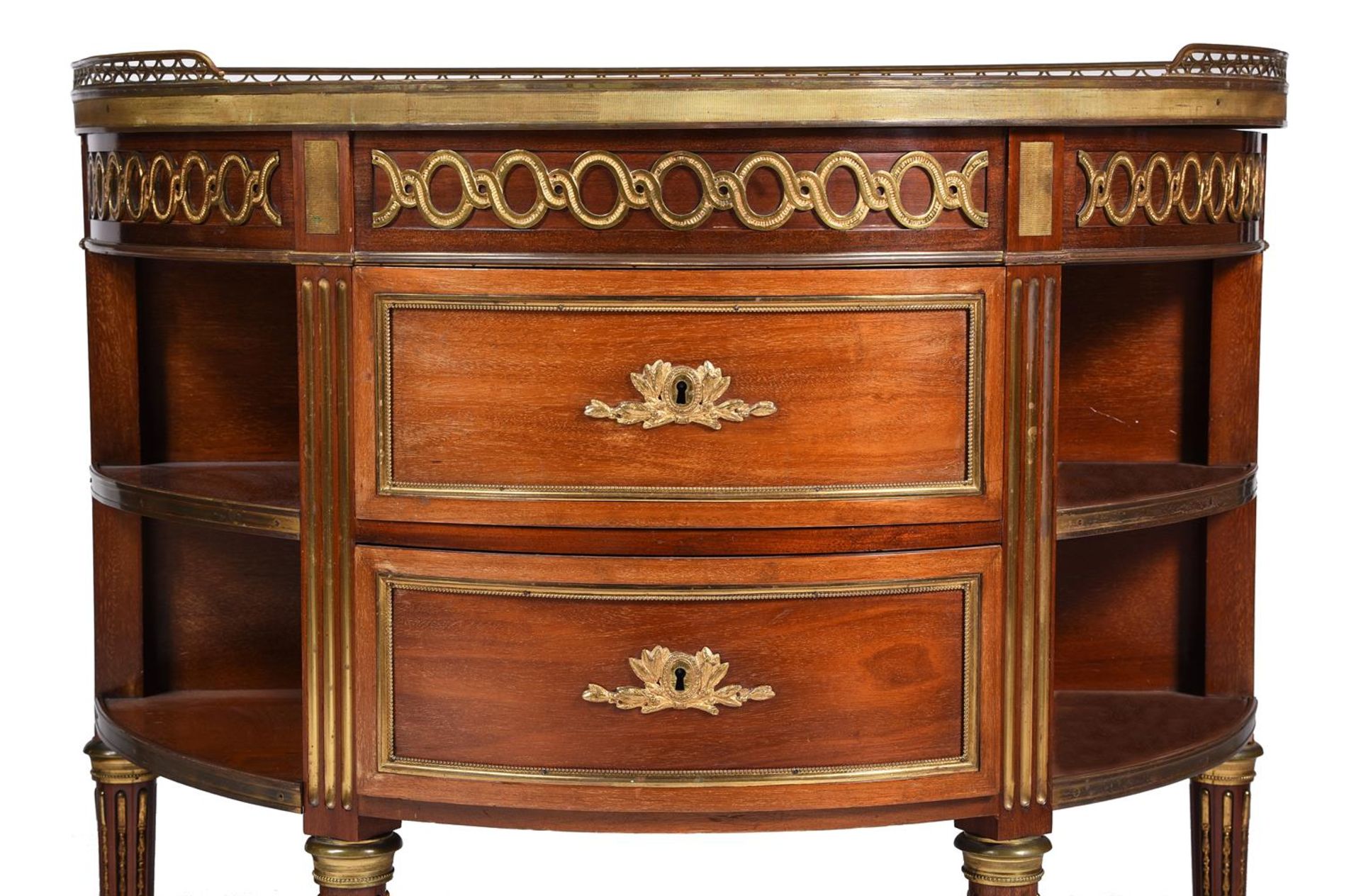 A PAIR OF MAHOGANY AND GILT METAL MOUNTED SEMI ELLIPTICAL COMMODES, IN LOUIS XVI STYLE - Image 6 of 6