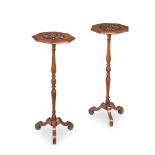 A PAIR OF WALNUT AND MARQUETRY CANDLE STANDS, 17TH CENTURY AND LATER ELEMENTS