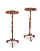 A PAIR OF WALNUT AND MARQUETRY CANDLE STANDS, 17TH CENTURY AND LATER ELEMENTS