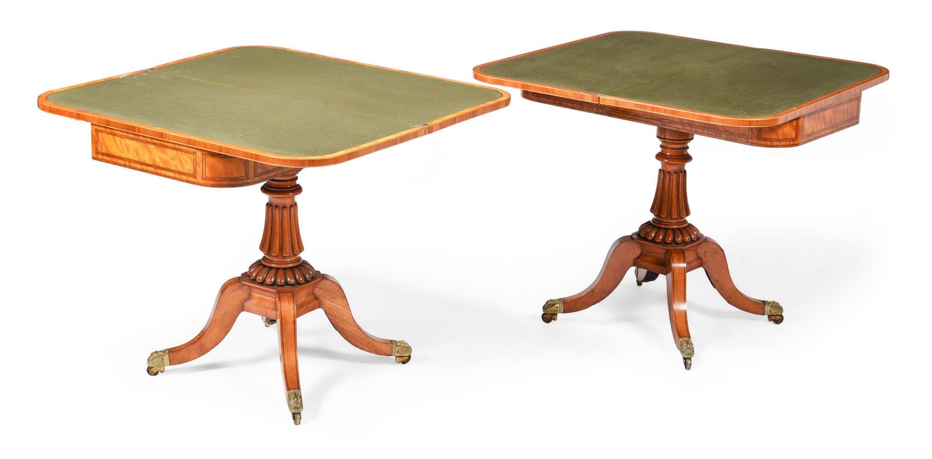 Y A PAIR OF GEORGE IV SATINWOOD, TULIPWOOD CROSSBANDED AND LINE INLAID FOLDING CARD TABLES, CIRCA 18 - Bild 2 aus 5