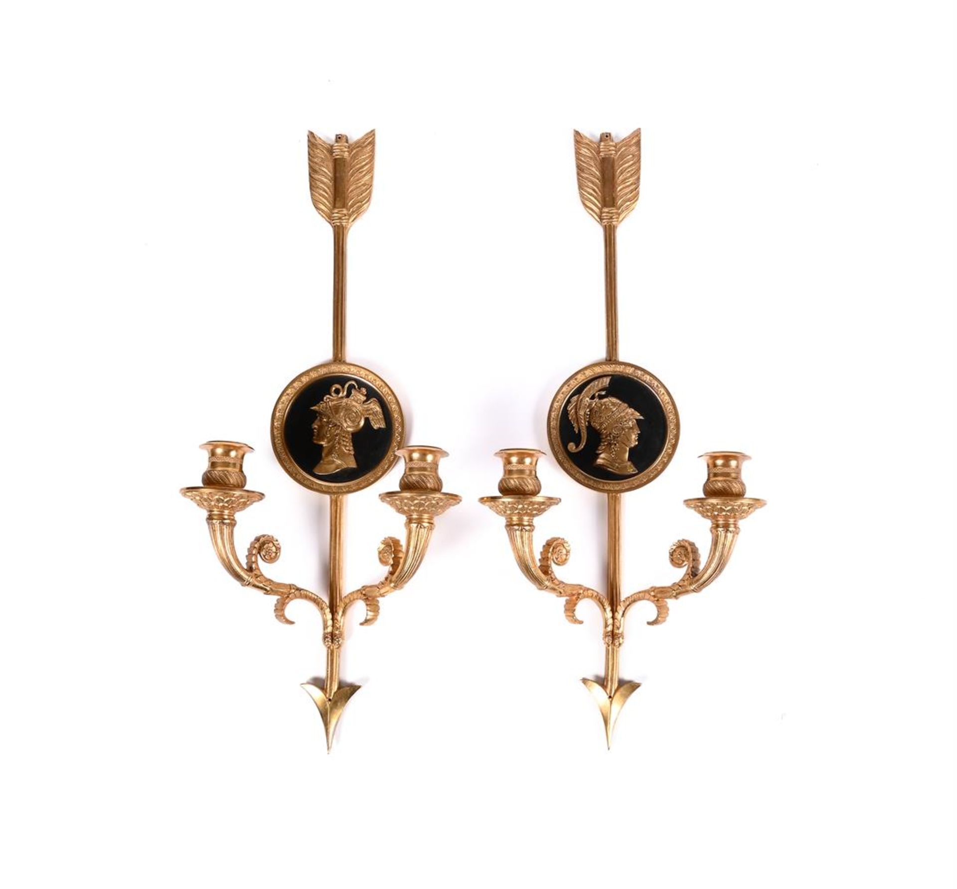 A PAIR OF GILT-BRONZE AND ORMOLU TWO BRANCH WALL LIGHTS, IN THE EMPIRE STYLE, 19TH CENTURY - Image 2 of 2