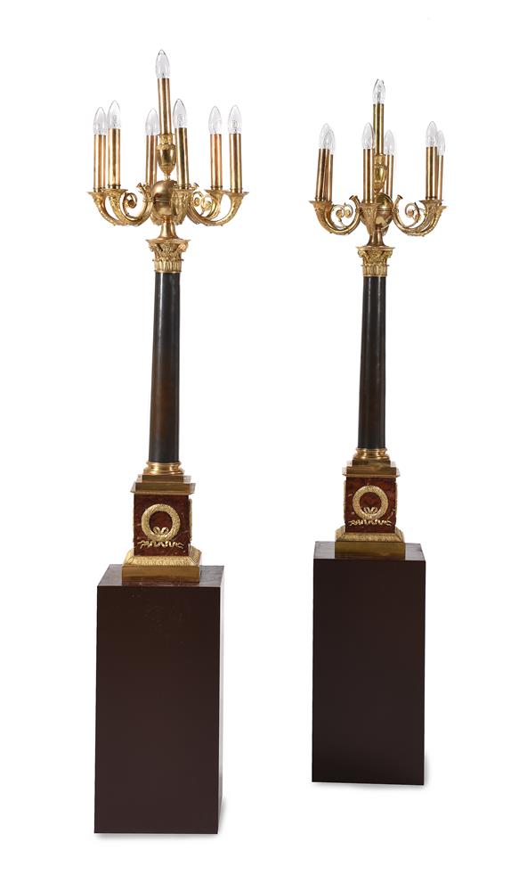 A PAIR OF FRENCH ORMOLU, BRONZE AND ROUGE GRIOTTE MARBLE SEVEN LIGHT CANDELABRA, 19TH CENTURY - Image 2 of 5