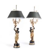 A PAIR OF ORMOLU AND PATINATED BRONZE THREE LIGHT CANDELABRA, LATE 19TH/EARLY 20TH CENTURY