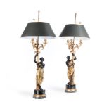 A PAIR OF ORMOLU AND PATINATED BRONZE THREE LIGHT CANDELABRA, LATE 19TH/EARLY 20TH CENTURY