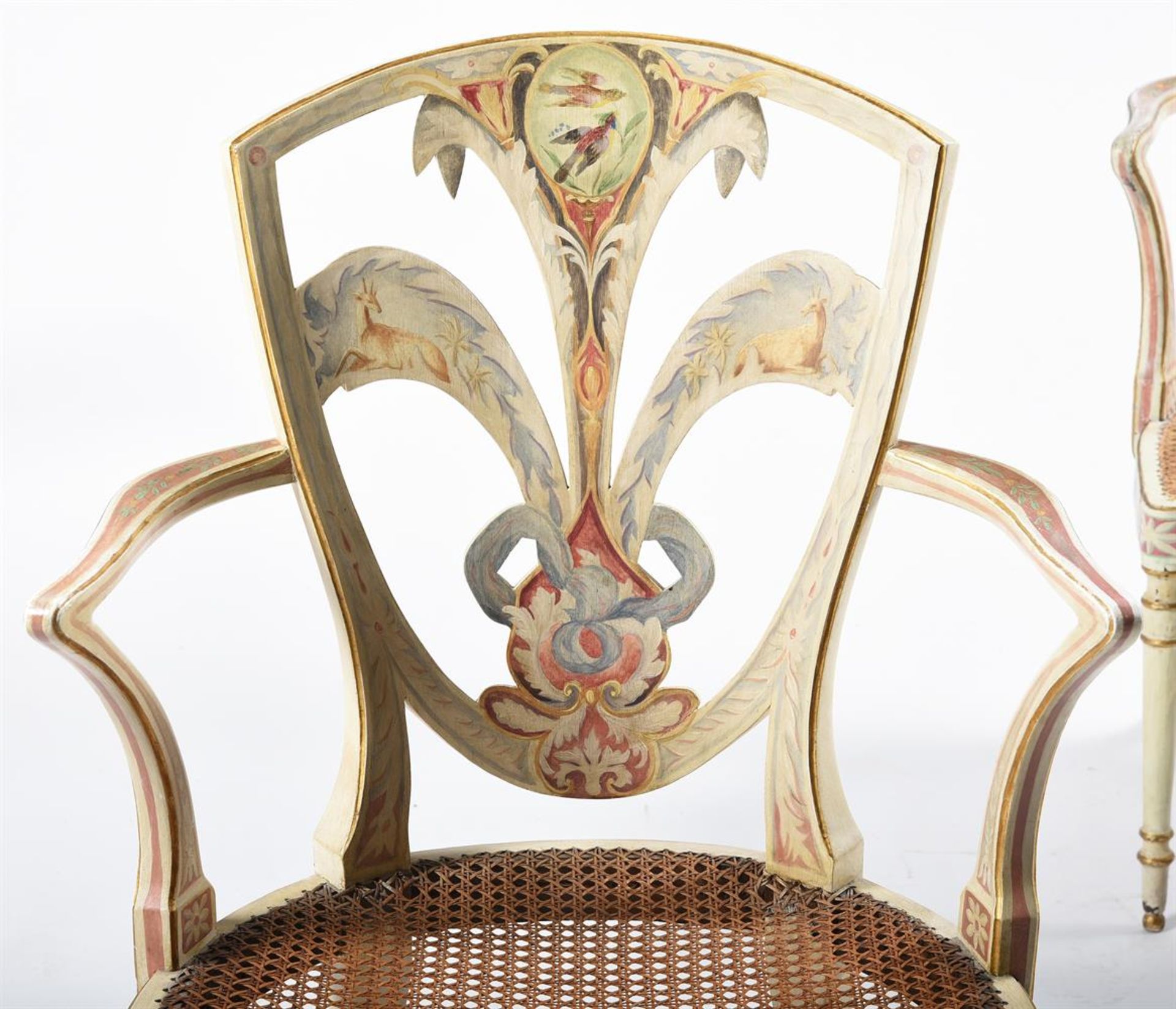 A MATCHED PAIR OF BEECH AND POLYCHROME PAINTED ELBOW CHAIRS, ONE CIRCA 1780 AND LATER REFRESHED - Bild 3 aus 5