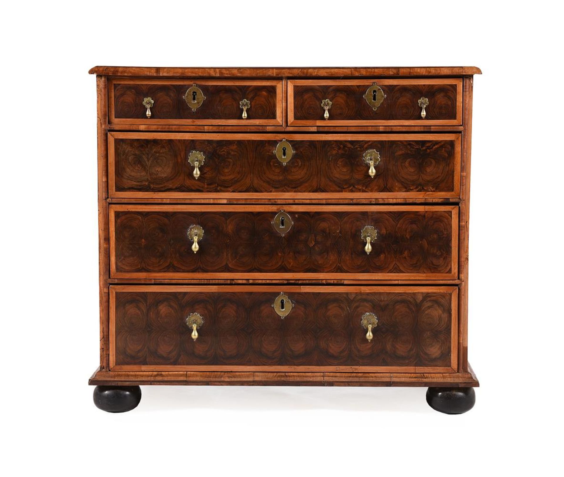 A WILLIAM & MARY OLIVEWOOD 'OYSTER' VENEERED AND MARQUETRY CHEST OF DRAWERS, CIRCA 1690