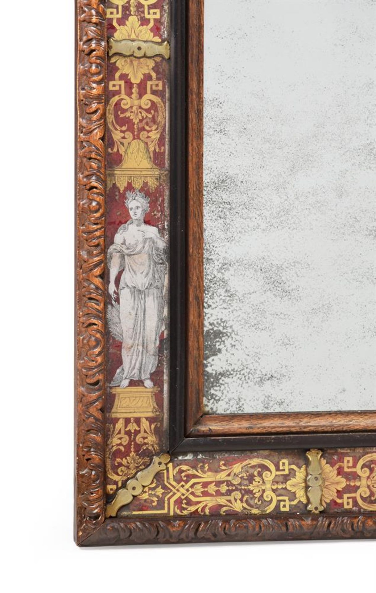 A RARE WILLIAM III CARVED OAK AND VERRE EGLOMISE MIRROR. IN THE MANNER OF THOMAS AND RENE PELLETIER - Image 2 of 5