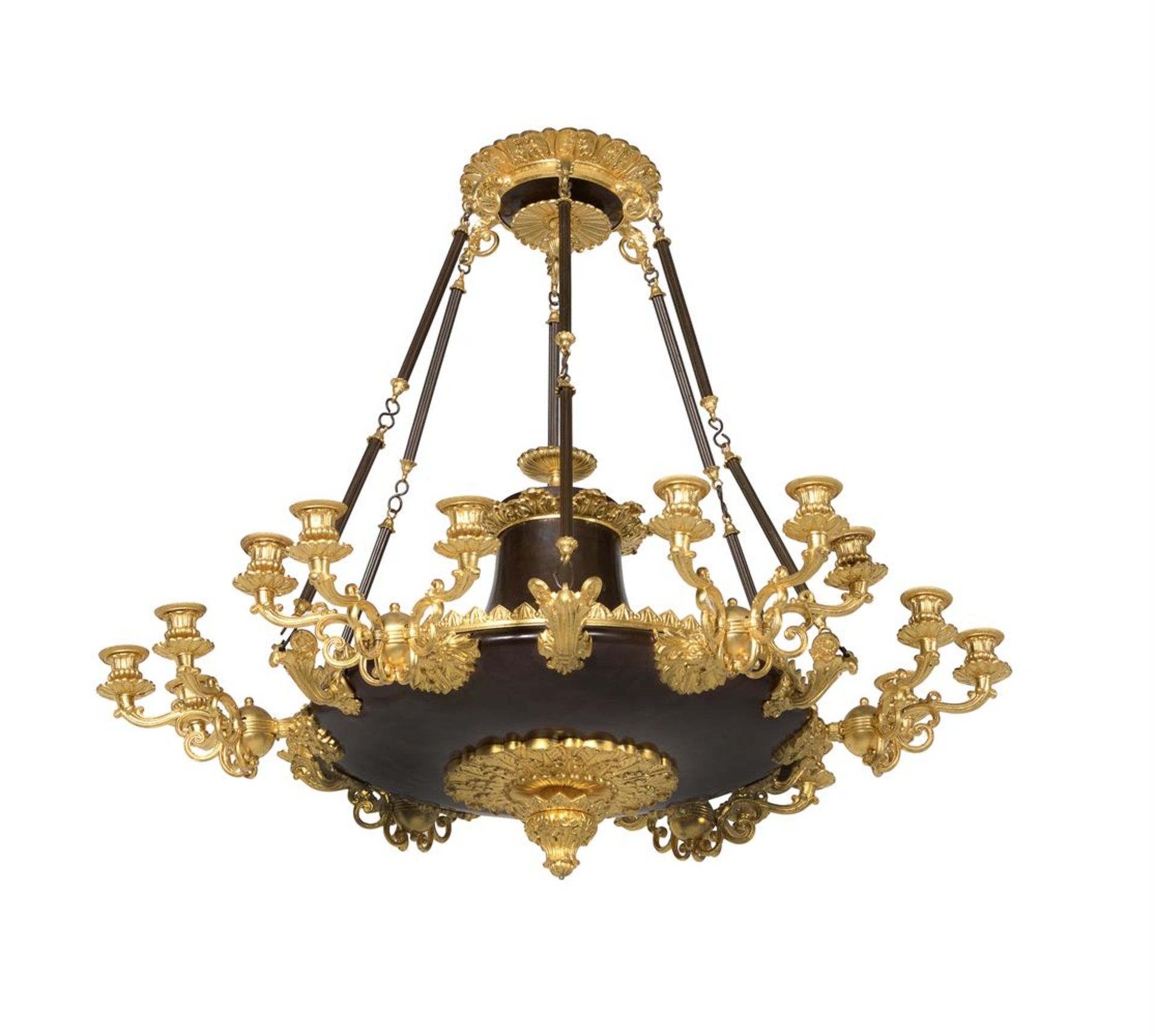 A PATINATED AND GILT BRONZE EIGHTEEN-LIGHT CHANDELIER, IN EMPIRE STYLE, LATE 19TH CENTURY