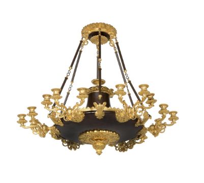 A PATINATED AND GILT BRONZE EIGHTEEN-LIGHT CHANDELIER, IN EMPIRE STYLE, LATE 19TH CENTURY