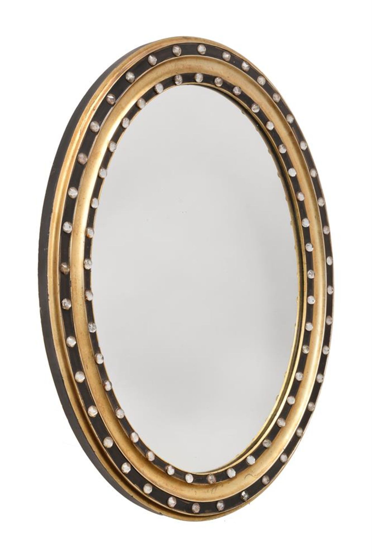 AN IRISH CUT GLASS, GILTWOOD AND EBONISED OVAL WALL MIRROR IN GEORGE III STYLE, LATE 19TH CENTURY