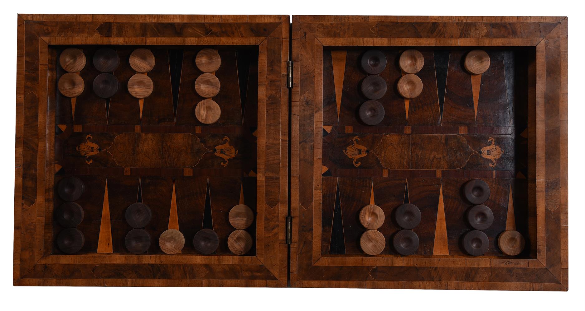 A GERMAN WALNUT AND MARQUETRY FOLDING CHESS AND BACKGAMMON BOARD, 18TH CENTURY - Image 4 of 7