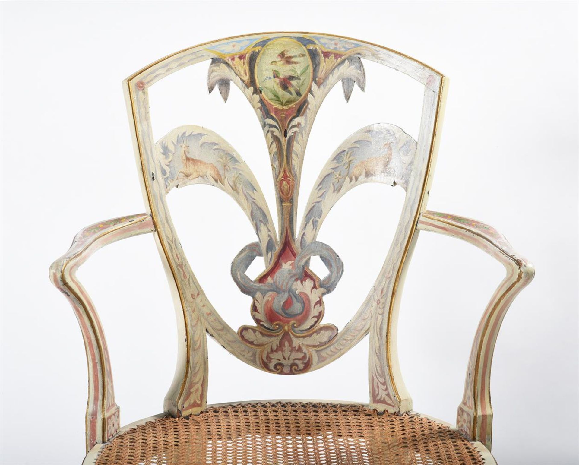 A MATCHED PAIR OF BEECH AND POLYCHROME PAINTED ELBOW CHAIRS, ONE CIRCA 1780 AND LATER REFRESHED - Image 4 of 5